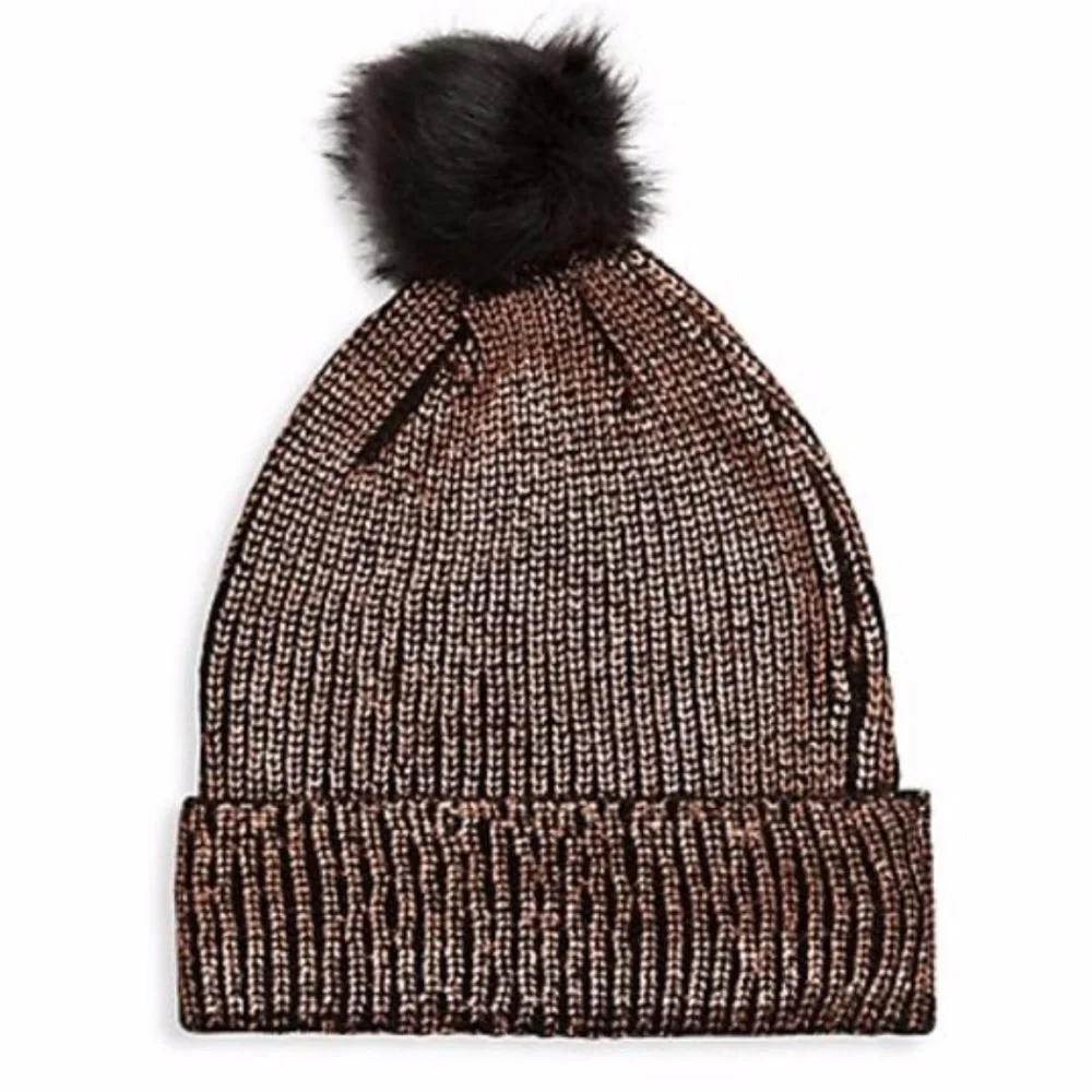NWT  La Fiorentina Faux Fur Pom Pom Metallic Beanie